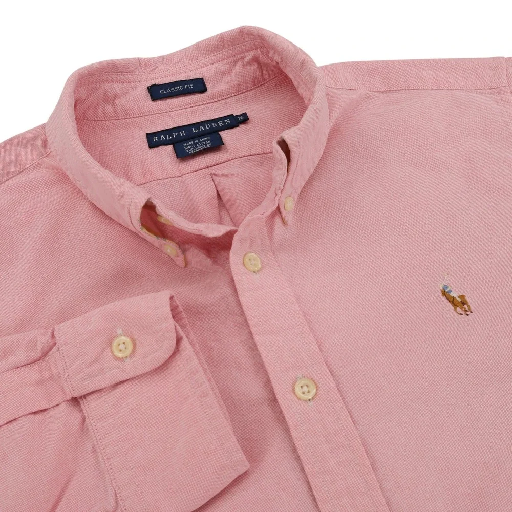 Ralph Lauren Boys Pink Oxford Button Down Shirt Classic Fit Size 16 Long Sleeve
